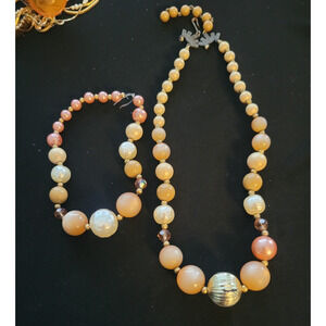 BOHO Chunky Beaded Cream and Soft color Necklace Bracelet Set